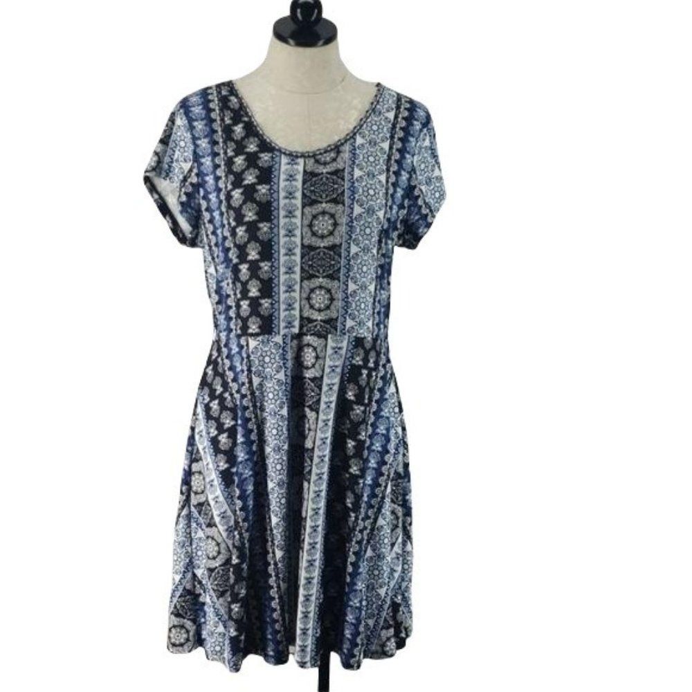 Bobbie Brooks Geometric Print Blue White Paisley Skater Dress Large